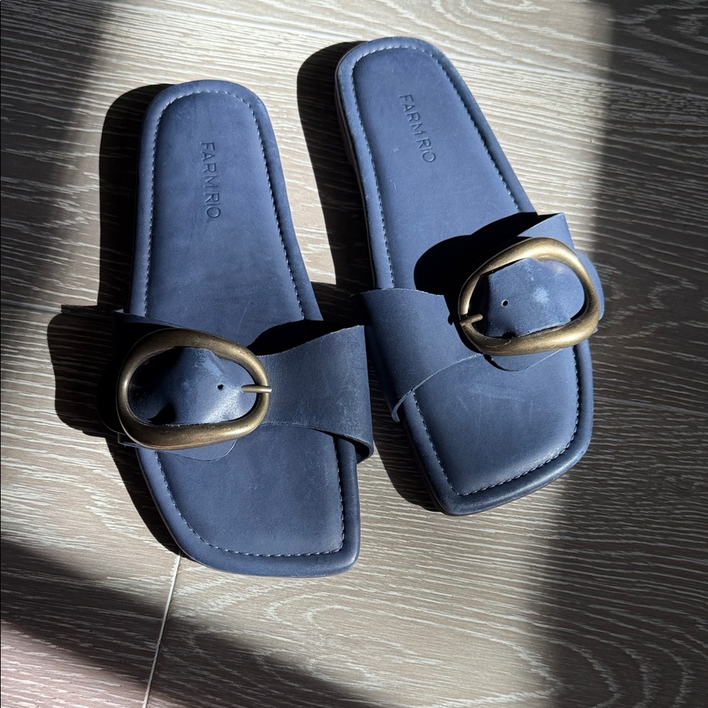 FARM Rio Navy Slide Sandals with Gold Buckle - Picture 6 of 10
